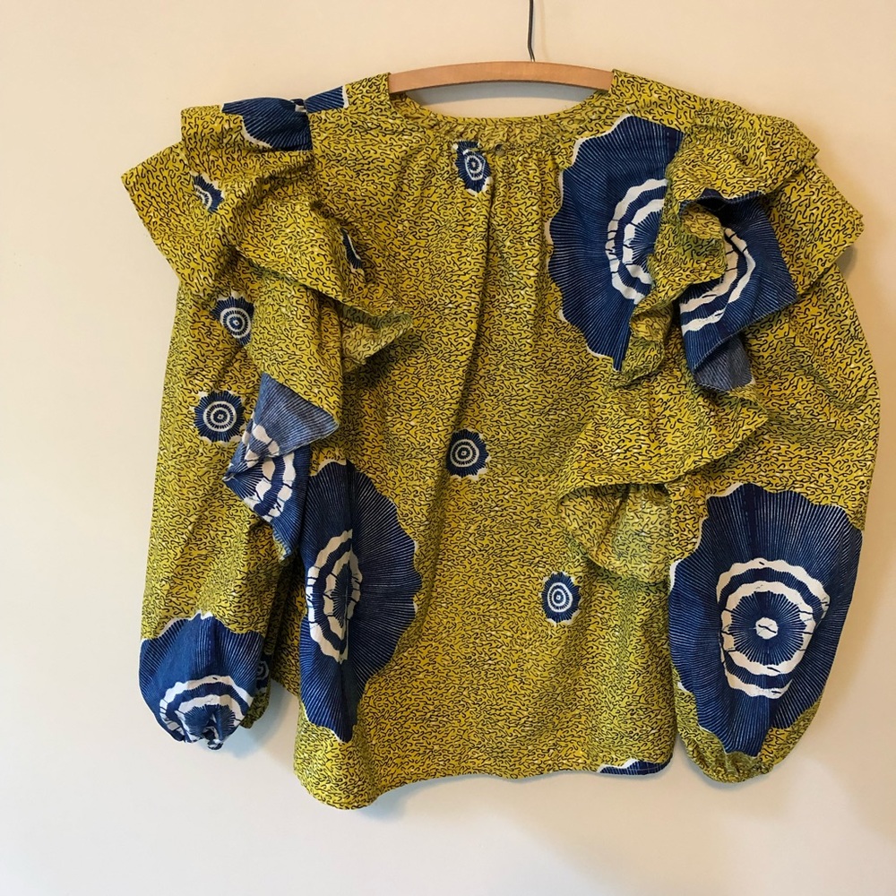 Ulla Johnson Blouse Ruffle Blue Green Long Sleeve Caasi US 12 - Picture 8 of 11